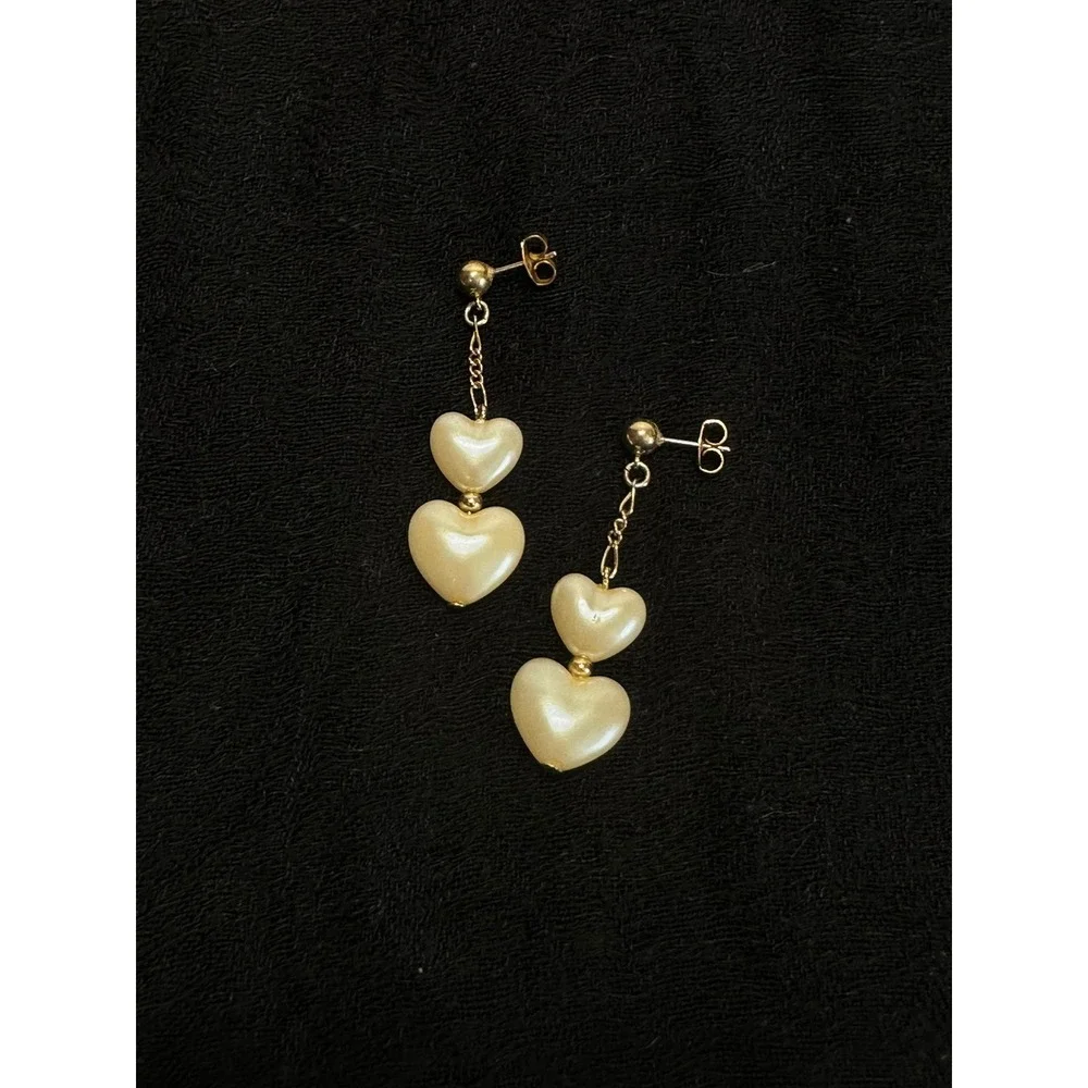 Vintage Heart Pearl Drop Earrings Cream Gold Tone Tiered Dangle